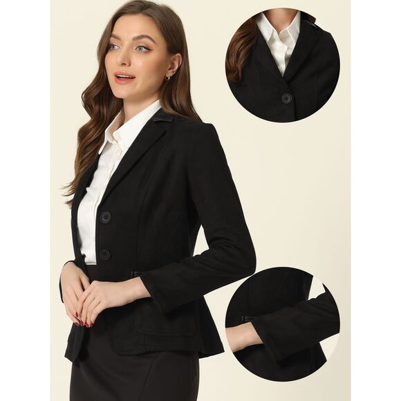 Faux Suede Blazer Lapel Collar Button Front Long Sleeve Jacket Black - Picture 2 of 7